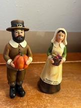 Lot of Man Pilgrim Holding Pumpkin &amp; Woman w Gather with Grateful Hearts Resin - $13.09