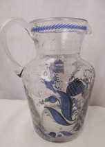 Vtg Hand Blown Painted bubble glass pitcher applied handle deer in wreath  1628 - £35.97 GBP