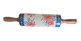 Pioneer Woman ~ Stoneware Rolling Pin ~ KEEPSAKE FLORAL ~ Acacia Wood Ha... - $60.00
