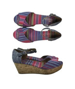 TOMS Cork Platform Wedge Denim Stripe Ankle Strap Sandals Zarape Print W... - $18.99