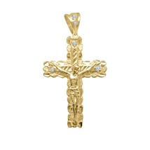 14K Yellow Gold Plated Silver Cross Nugget Jesus Crucifix Charm Pendant 1.5&quot; CZ - £95.24 GBP
