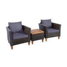 3 Pieces Outdoor Patio Wicker Furniture Set with Cushions and Acacia Wood Coffee - £257.35 GBP