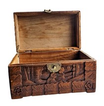 Antique Chinese Camphor Chest Wood Brass Hinged Wood Tea Box Heavily Car... - £212.05 GBP