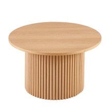 27.56&quot; Round Oak Wood Veneer Farmhouse Coffee Table with Metal Base - $209.99
