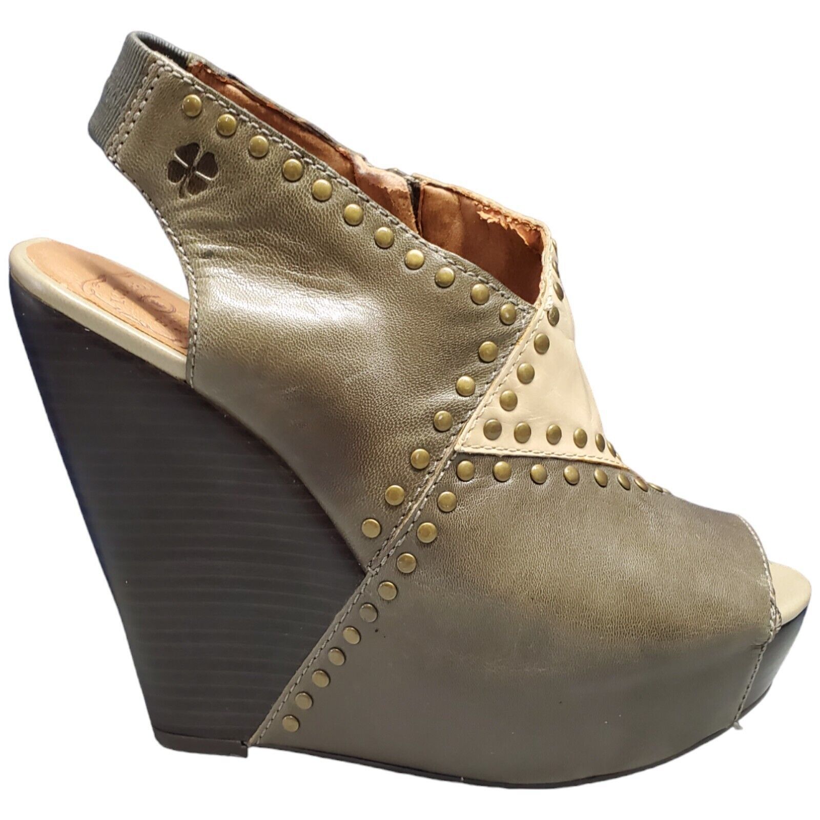 Lucky Brand Wedge Sandals Women&#39;s Size 8.5 Olive Cream Leather Studded S... - $23.05