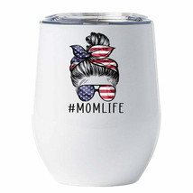 Cute American Mom Life Tumbler 12oz Messy Bun Hair USA Flag Sunglasses Cup Gift - £17.97 GBP