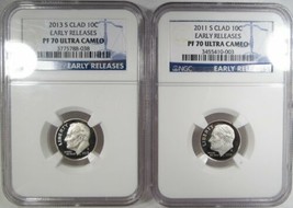 2011-S &amp; 2013-S Clad Roosevelt Dimes Both NGC PF70 Ultra Cameo AL250 - £46.83 GBP