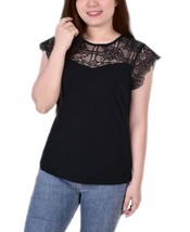 NY Collection Crepe Knit Top w Lace Flanged Sleeve Black Size Petite Medium - £8.95 GBP