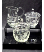 Vintage Floral Etched Glass 5 Piece Cream, Sugar And Spooner Set With Tops - $30.00 CAD