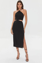 L Forever 21 Black Midi Dress Women waist side CutOut Adj Strap Halter SideSlit - £22.90 GBP