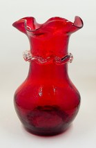 Kanawha Ruby Red Crackle Blown Glass Vase Applied Clear Rigaree Scroll - £15.95 GBP