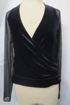 Tadashi Shoji Black Velvet Cross Over top Mesh long sleeves &amp; shoulders ... - £35.26 GBP