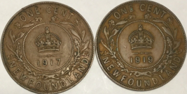 1917 1919 Newfoundland Large Cent Penny - Lot Of 2 Coins - £11.69 GBP