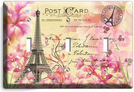 RETRO EIFFEL TOWER FLOWERS PARIS LOVE POST CARD 3 GANG LIGHT SWITCH PLAT... - $17.66
