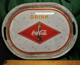 Vintage Coca-Cola Galvanized Steel Serving Tray w/ Handles &amp; Embossed Co... - £8.79 GBP