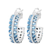 Trendy Sparkle Row of Blue Cubic Zirconia on Sterling Silver Half Hoop Earrings - £12.65 GBP