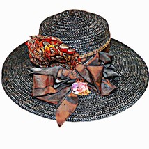 Brown Copper Pheasant Feather Straw Capeline Sun Wide Brim Derby Hat sz 6-7/8 - £63.00 GBP