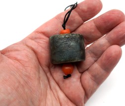 Dark Spinach Green Jade Barrel Pendant / Amulet with Coral Accent Beads ... - £119.54 GBP