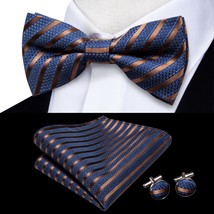 Hi-Tie Jacquard Silk Blue   Mens Bowtie Adult Bow Tie Hankerchief Cufflinks Set  - £61.79 GBP