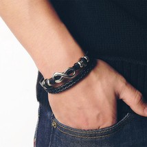IFMIA Infinity Black Beads Charm Link Alloy Handmade Woven Men Leather Bracelets - £10.38 GBP