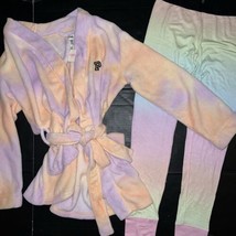 Victoria&#39;s Secret PINK XS/S ROBE+S Jogger Pants PJ FLUFFY OMBRE RAINBOW ... - £69.85 GBP