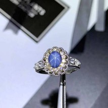 Natural Blue Sapphire Star Gem Ring S925 Silver Gemstone Ring Women's Gift Jewel - £70.34 GBP