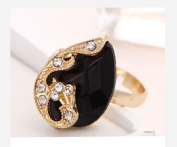 GOLD BLACK GEMSTONE PEACOCK ADJUSTABLE COSTUME RING - £31.96 GBP