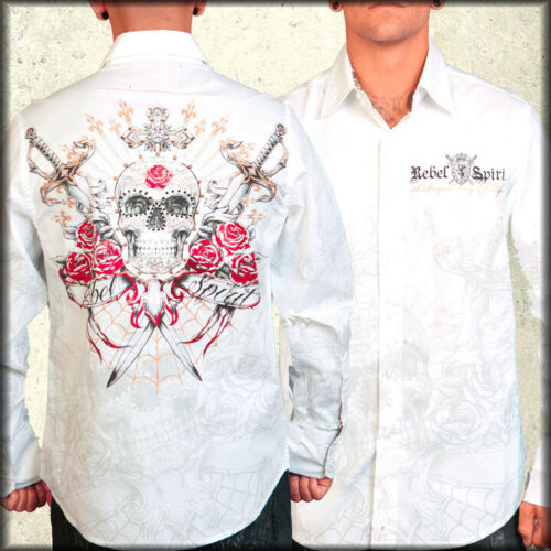Rebel Spirit Skull Sword Rose Rhinestones Mens Long Sleeve Button Up Shirt White - $97.75