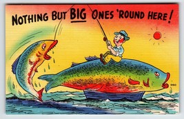 Fishing Linen Postcard Huge Exaggerated Fish Man On Top Big Catch Unused... - $11.93