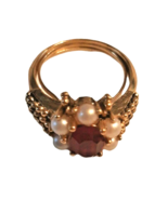 Vintage 80&#39;s Avon Ring Red Stone Faux Pearls Gold Tone Size 6 - £21.90 GBP