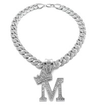 Crowned Initial Letter M Crystals Pendant Silver-Tone Cuban Chain Necklace - £35.37 GBP