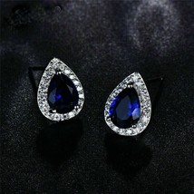 2.00Ct Pear Simulated Blue Sapphire Stud Earrings 14K White Gold Plated Silver - £78.17 GBP