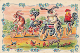 Anthropomorphic Rabbits Chicken Riding BICYCLES-MOTORCYCLE- 1911 Easter Postcard - £24.33 GBP