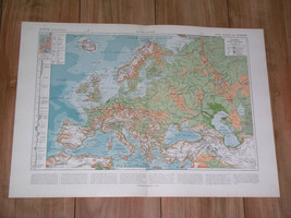 1925 VINTAGE PHYSICAL MAP OF EUROPE / MOUNTAINS RIVERS - £22.59 GBP