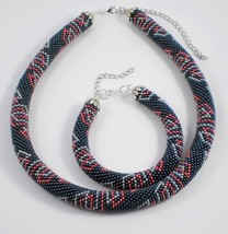 Blue-Red-Grey Jewelery set: beaded Necklace and Bracelet, Handmade ropes - $35.00