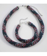 Blue-Red-Grey Jewelery set: beaded Necklace and Bracelet, Handmade ropes - $47.46 CAD