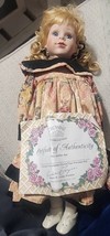 Crowne Fine Porcelain Doll w/ Floral Dress &amp; Green Trim In Box Inc Cert Of Auth - £31.16 GBP