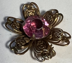Pendant Flower Layered Petals Gold Tone Rose Red Rhinestones Pronged 1 Inch - £2.37 GBP