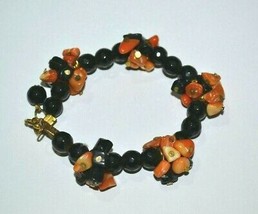 Vintage Set Coral , Carnelian And Black Agate Bracelet &amp; Necklace - £67.97 GBP