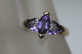 Fine 10K Yellow Gold Marquise Shape Purple Amethyst Diamond Accent Ring Size 7 - £205.50 GBP