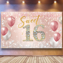 Sweet 16 Birthday Backdrop Banner, Pink Rose Gold Sweet 16 Birthday Deco... - $19.48