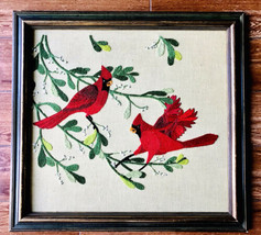 Vintage Cardinal Red Birds Handmade Needlepoint Framed Picture Large 24&quot; x 25&quot; - £55.74 GBP