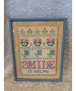 Vintage Hand Made Cross Stitch Sampler Linen Framed Arts & Craft Smile It Helps - $133.65
