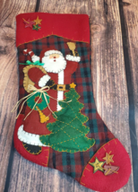 Ready to Hang Puffy Santa Christmas Stocking Fleece 3D Applique Burgundy Plaid - £15.78 GBP