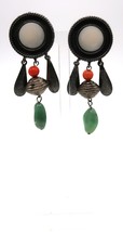 Vtg Dangle Clip-on Earring W/ Green Stone &amp; Orange Bead Fashion Jewelry - $223.67 MXN