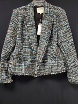 L&#39;AGENCE Brooke Double Breaster Tweed Blazer With Fringe Size 14 Blue Bl... - $148.62