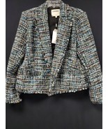 L&#39;AGENCE Brooke Double Breaster Tweed Blazer With Fringe Size 14 Blue Bl... - $148.62