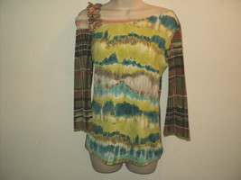 ANAC by Kimi Top Size S Off-Shoulder, Tie Dyed, Plaid, 3/4 Sheer Sleeves - £25.58 GBP