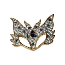 Vintage Madri Gras Purple Green Clear Rhinestone Face Mask Gold Tone Brooch Pin - $13.50