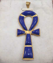 Egyptian Handmade Blue Ankh Cross Key of Life 18K Yellow Gold Pendant 5.5 Gr - £582.62 GBP